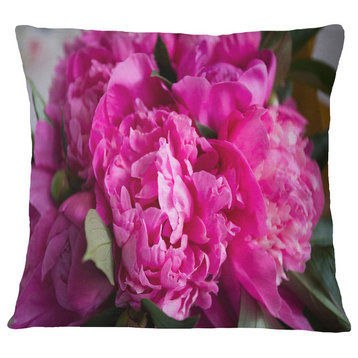 Pink Peonies On Wooden Background Flower Throw Pillow, 16"x16"