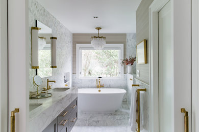 Bathroom - mid-sized traditional marble floor, white floor, double-sink and wallpaper bathroom idea in Seattle with shaker cabinets, green cabinets, a drop-in sink, marble countertops, white countertops and a floating vanity