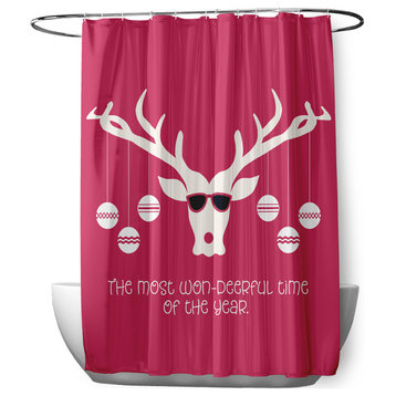 70"Wx73"L Cool Christmas Deer Shower Curtain, Holiday Pink