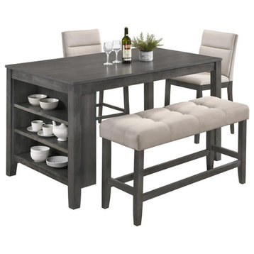 4pc Counterheight Dining Set in Dark Gray Wood with Table + Gray Chairs + Bench
