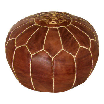 Moroccan Leather Stuffed Pouf, Brown