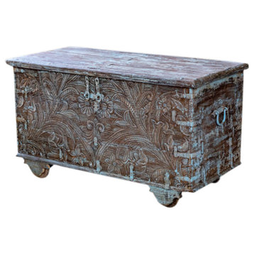 Consigned Vintage Crafted Indian Trunk Chest, Coffee table, Rustic Turquoise