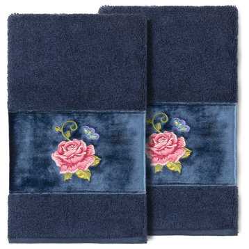 100% Turkish Cotton Rebecca 2-Piece Embellished Hand Towel Set, Midnight Blue