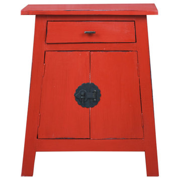 Solid Wood Zen End Table, Distressed Red Nightstand, Fully Assembled Cabinet