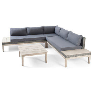 Samuel Outdoor Wood/Wicker 5-Seater Sectional Sofa with Water-Resistant Cushions