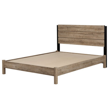 Full Platform Bed, Metal & Wood Blend Frame, Matte Black/Weathered Oak Finish