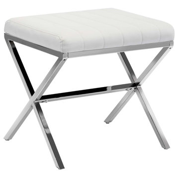 Channel-Tufted Faux Leather X Bench, White