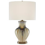 Currey & Company - 6000-0580 Muscadine Table Lamp, Cream and Brown and Antique Brass - Dripping with personality, our Muscadine Table Lamp is made of cream and brown porcelain. The base and metal hardware in an antique brass finish pick up the caramel hues on the surface of the lamp's body. A finial, also in an antique brass finish, fastens the off-white shantung drum shade to this multi-colored lamp.
