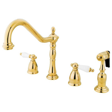 Kitchen Faucet, Dual White Handles & Side Sprayer, Polished Brass
