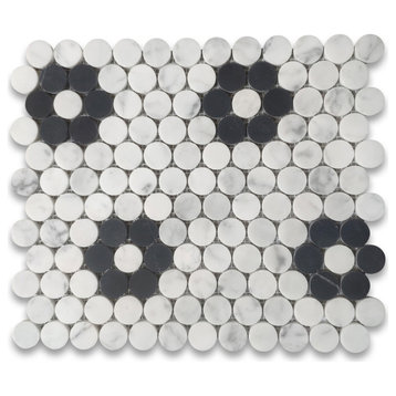Carrara White Marble Penny Round Rosette 1" Mosaic Tile Marquina Honed, 1 sheet