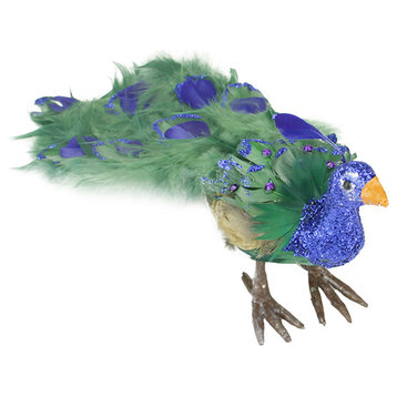 Colorful Regal Peacock Bird With Closed Tail Feathers Decoration, Green, 13"