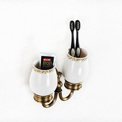 Vintage Style Antique Brass Finish Wall Mounted Brass and Painted Ceramic Toothb - Products