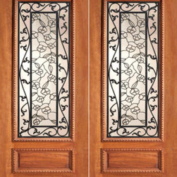 Floral Scrollwork Ironwork Glass,, Mahogany Prehung Double Door - Front Doors