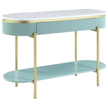 Ville 48" Sofa Console Table, White Faux Marble Top, Teal Reeded Edge