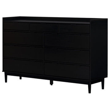 Mid Century Modern Dresser, Tapered Legs With Tray Top & 9 Drawers, Solid Black