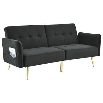 Modern Futon Sofa, Gold Legs & Velvet Upholstered Seat With Folding Arms