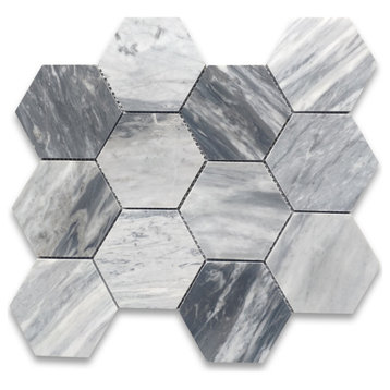 Bardiglio Gray Dark Grey Marble 4" Hexagon Mosaic Tile Polished, 1 sheet