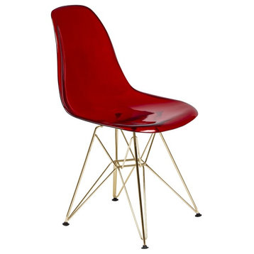Cresco Modern Eiffel Base Molded Dining Chair, Gold Base, Transparent Red
