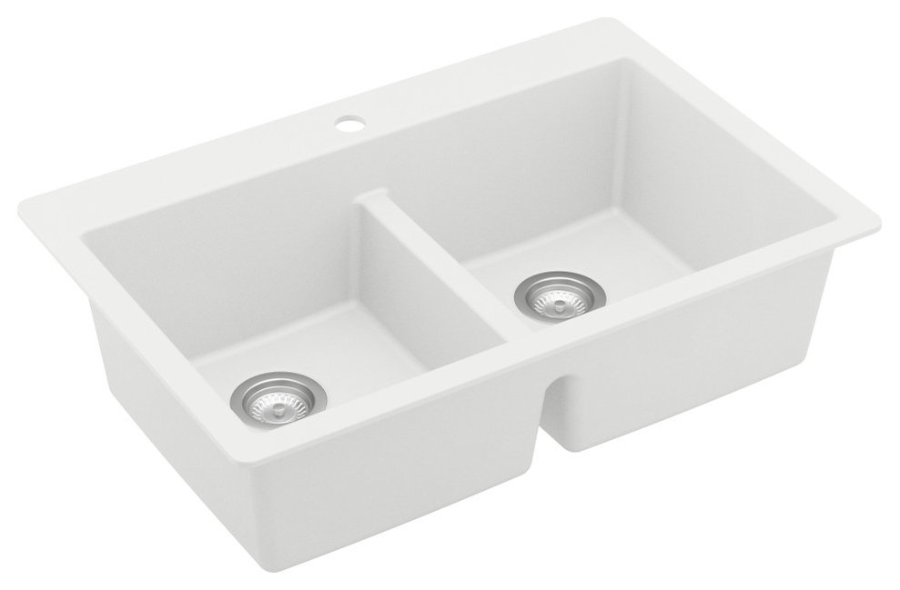 Karran 33" Top Mount Double Equal Bowl Quartz Kitchen Sink, White
