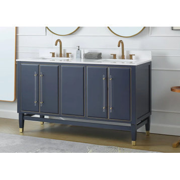60" Navy Blue Bertone Double Bathroom Sink Vanity - Model # Q169NB-D60QT