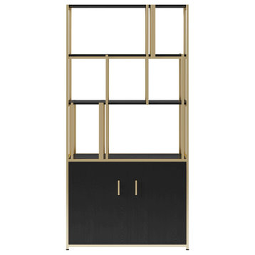 78" 5-Tier Black & Gold Bookshelf with 2 Doors Storage Cabinet