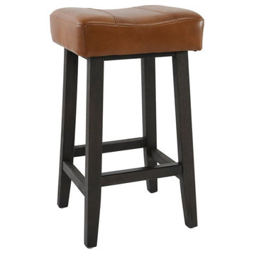 Trent Home 26.8" Backless Leather/Wood Counter Stool in Caramel/Dark Brown