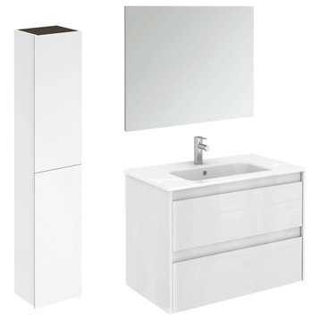 Ambra 80 Pack 2 Wall Mount Bathroom Vanity with Mirror and Column in Matte White