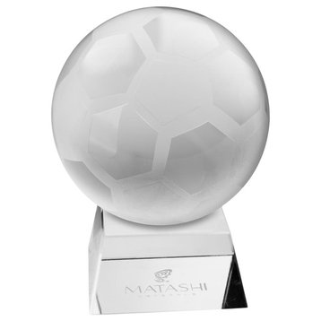 Crystal Paperweight with Etched Soccer Ball Ornament and Trapezoid Base