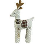 Northlight - 17.5" Nature's Luxury Brown and White Polka Dot Reindeer Christmas Decoration - From the Nature's Luxury Collection This charming reindeer will add a fun, whimsical touch to your holiday decor Features a light brown and white polka dot print Accented with a plaid sash blanket and buttons Legs rotate around the buttons Poseable antlers  Perfect to bring back the childhood joy of the holiday  Dimensions: 17.5"H x 9.5"W x 5.75"D Material(s): fabric/polyester/wood/wire