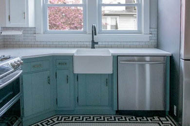 Small country l-shaped porcelain tile and white floor eat-in kitchen photo in Austin with a farmhouse sink, turquoise cabinets, quartzite countertops, white backsplash, subway tile backsplash, stainless steel appliances and white countertops