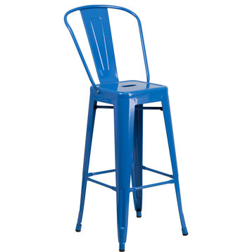 Commercial Grade 30" High Blue Metal Indoor-Outdoor Barstool with Back