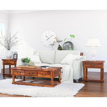 Baluster Rustic Wood 3 Piece Coffee Table Set With Drawers