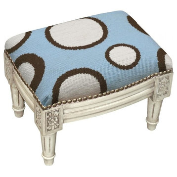 Circles Wool Needlepoint Wooden Footstool, Blue With Antique White Wash