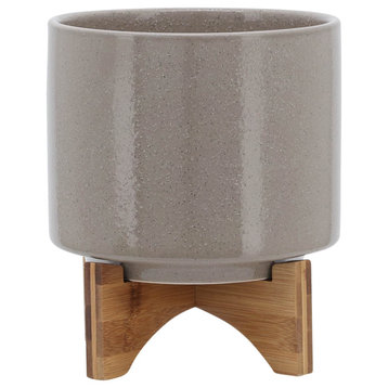 8" Planter With Wood Stand, Beige