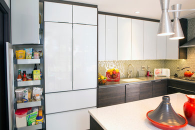 Small trendy l-shaped enclosed kitchen photo in Orlando with an undermount sink, glass-front cabinets, quartz countertops, glass tile backsplash, stainless steel appliances and an island