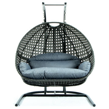 2 Person Charcoal Wicker Double Hanging Egg Swing Chair, Charcoal Blue
