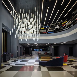 Inspiration for a modern enclosed home cinema in New York with lino flooring.