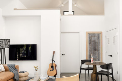 Imagen de salón tipo loft y abovedado de estilo de casa de campo de tamaño medio con paredes blancas, suelo de cemento, televisor colgado en la pared y suelo gris