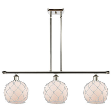 Farmhouse 3-Light Island-Light, Polished Nickel, White Glass With White Rope