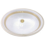 Atlantis Porcelain Art, Corp. - AP-1421 white "GREEK KEY 1" bright gold undermount bathroom sink. - "GREEK KEY 1" Shown on AP-1421 white Ovalyn 17-1/2" W x 14-1/2" D x 5-1/2" Depth.