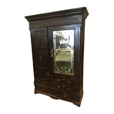 Consigned Antique India Wardrobe Cabinet, Carved Armoire Rosewood Etched Mirror