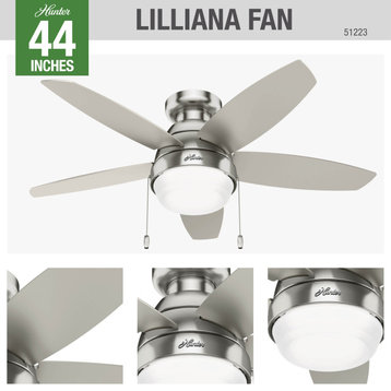 Hunter 44" Lilliana Brushed Nickel Low Profile Ceiling Fan With LED Light