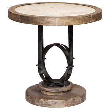 Rustic Round Light Wood Accent Table, Stone Top Iron Globe Industrial Loft