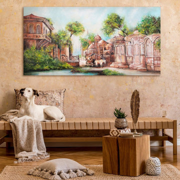 Handmade canvas painting - Colorful urban landscape wall art "Urban Landscape"