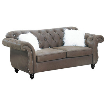 Leather Upholstered Loveseat with Button Tufted in Dark Coffee