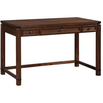 Classic Desk, Wooden Frame and Top With Industrial Accents, Wire Brushed Walnut