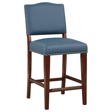 Denver Stationary Faux Leather Blue Counter Stool with Nail Heads
