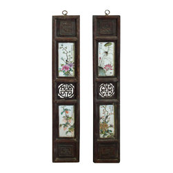 Chinese Vintage Pair Porcelain Wood Wall Panels Art - Wall Accents