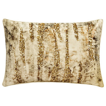 Gold Linen Beaded Sequins 12"x20" Lumbar Pillow Cover - Gold Rush
