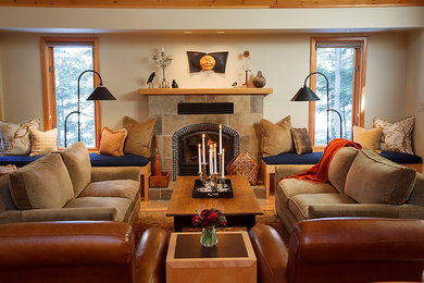 Living room - mid-sized craftsman formal and open concept light wood floor and beige floor living room idea in Toronto with gray walls, a standard fireplace, a stone fireplace and no tv